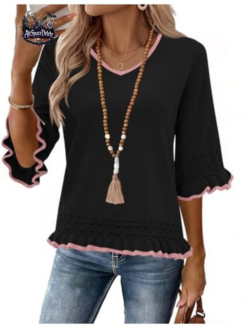 Womens Peplum Sweater V Neck 3/4 Ruffle Sleeve Pullover Top